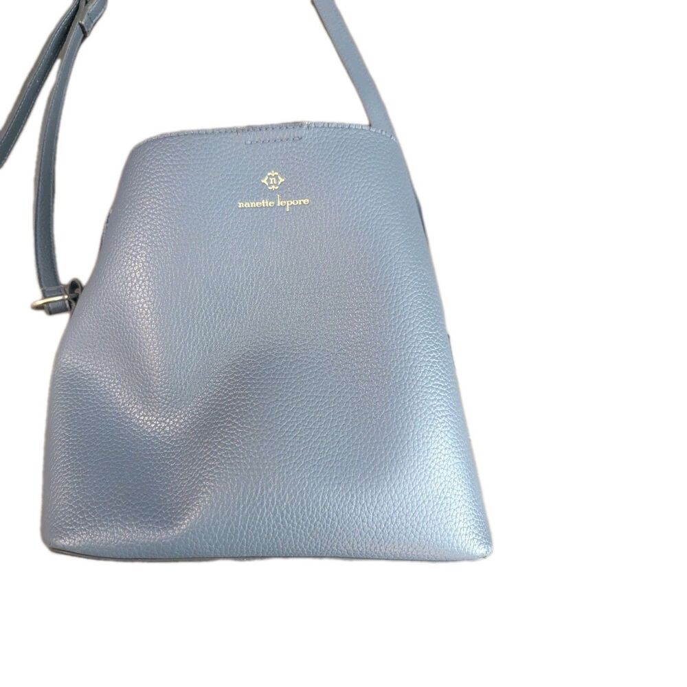 Nanette Lepore Blue Gray Bucket Style Purse Smooth Leather Adjustable Strap